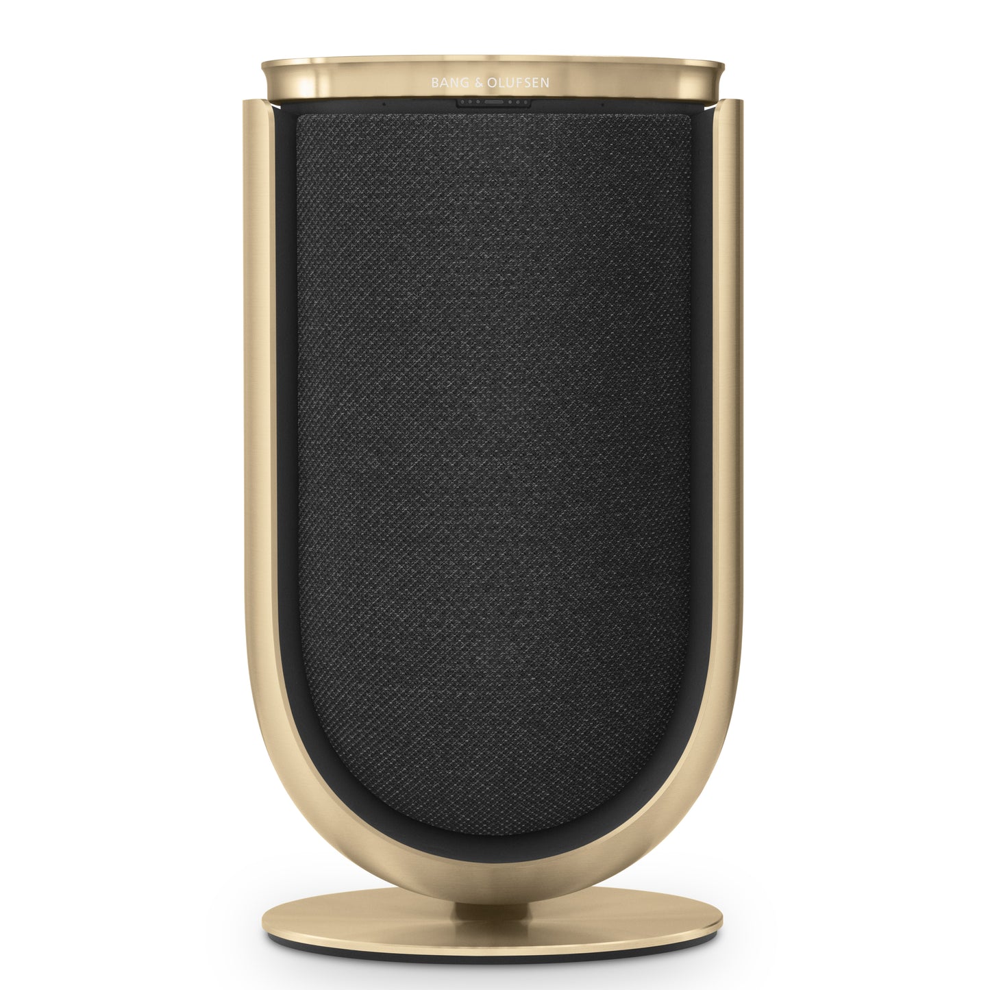 Bang & Olufsen BeoLab 8 in Gold Tone mit Textilcover in Grey Mélange auf Tischstandfuß