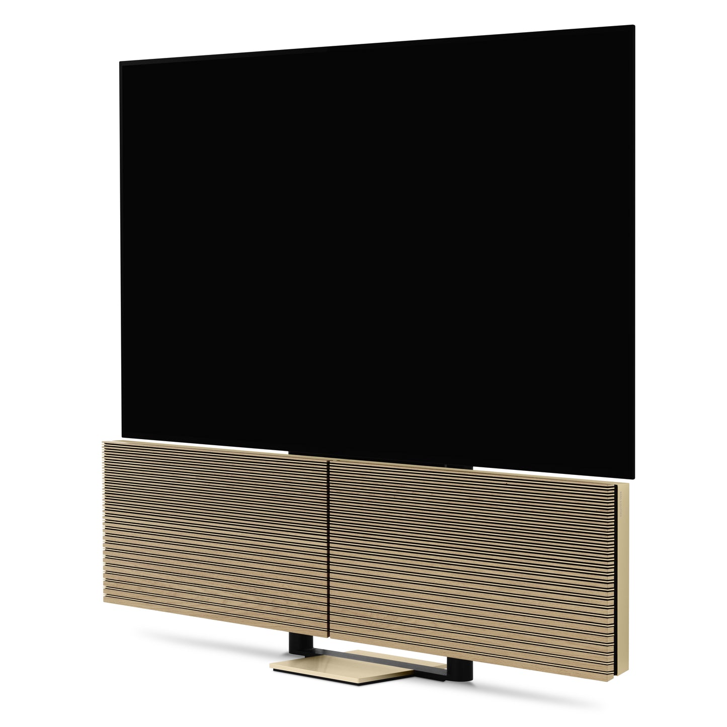 Beovision Harmony Gold Tone Light oak auf Bodenstandfuß geöffnetes Soundcenter