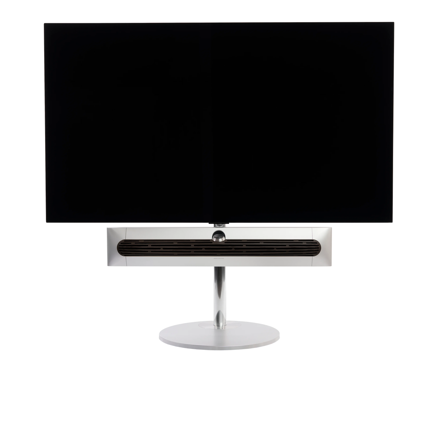 Beosound Premiere auf STB Standfuß mit Holzcover in Dark oak und 65 Zoll Panel