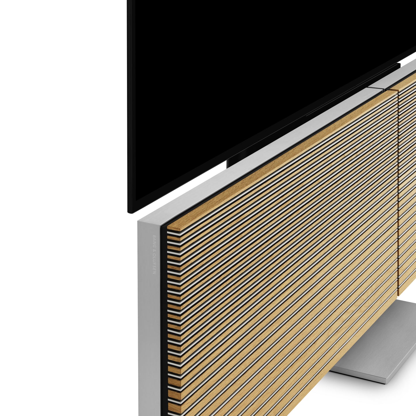 Beovision Harmony in silber/oak auf Motorbodenstandfuß Detailansicht soundcenter