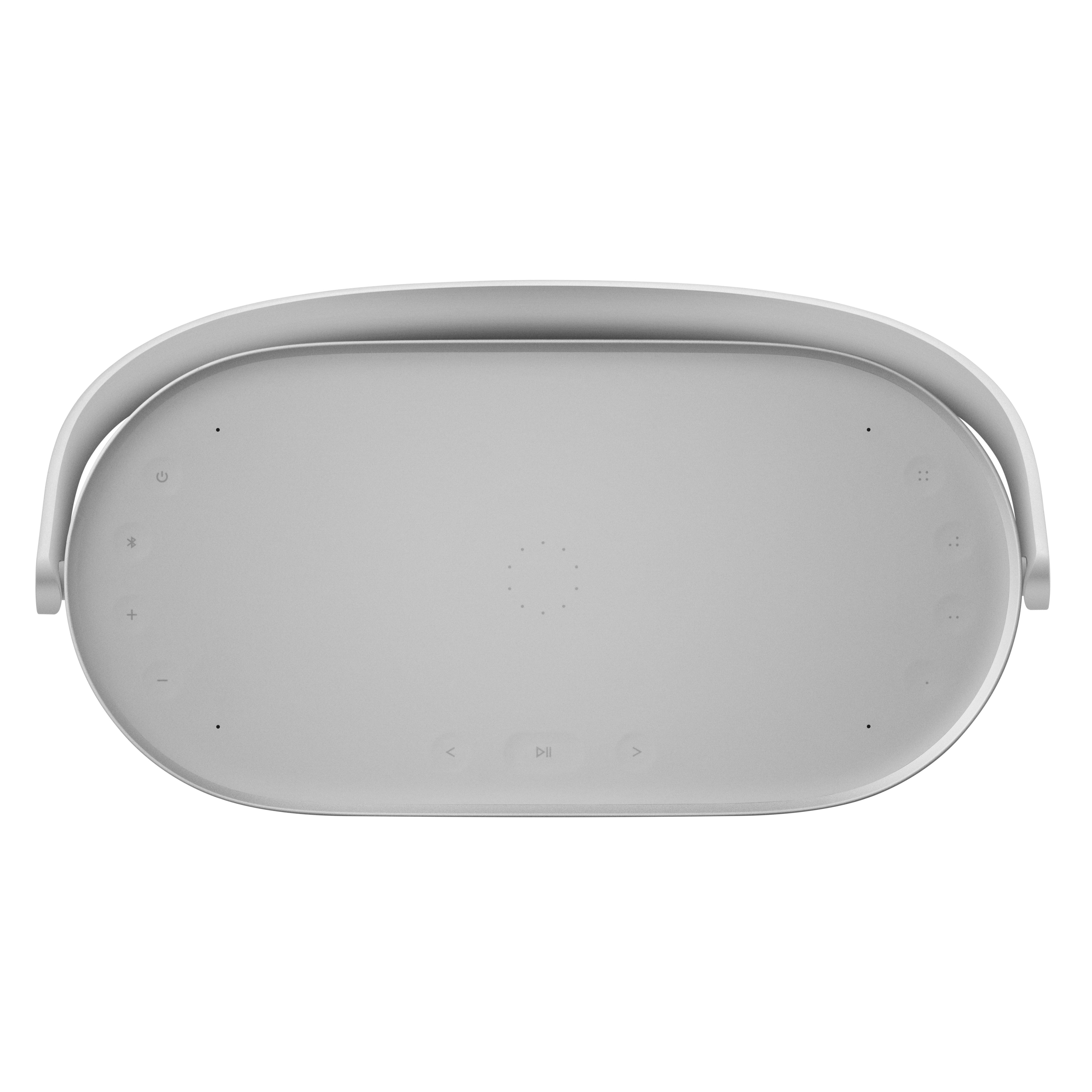 Draufsicht auf das Touch-Bedienfeld des Beosound A5 mit Tasten für Bluetooth, Lautstärke und Favoriten sowie der integrierten Qi-Ladefläche für kabelloses Smartphone-Laden.