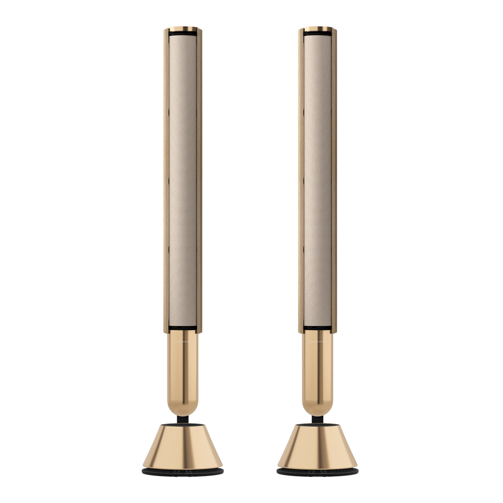 Bang & Olufsen, B&O Beolab 28 in Goldtone mit inner Covers in golden knit und Holzvorhngen in light oak