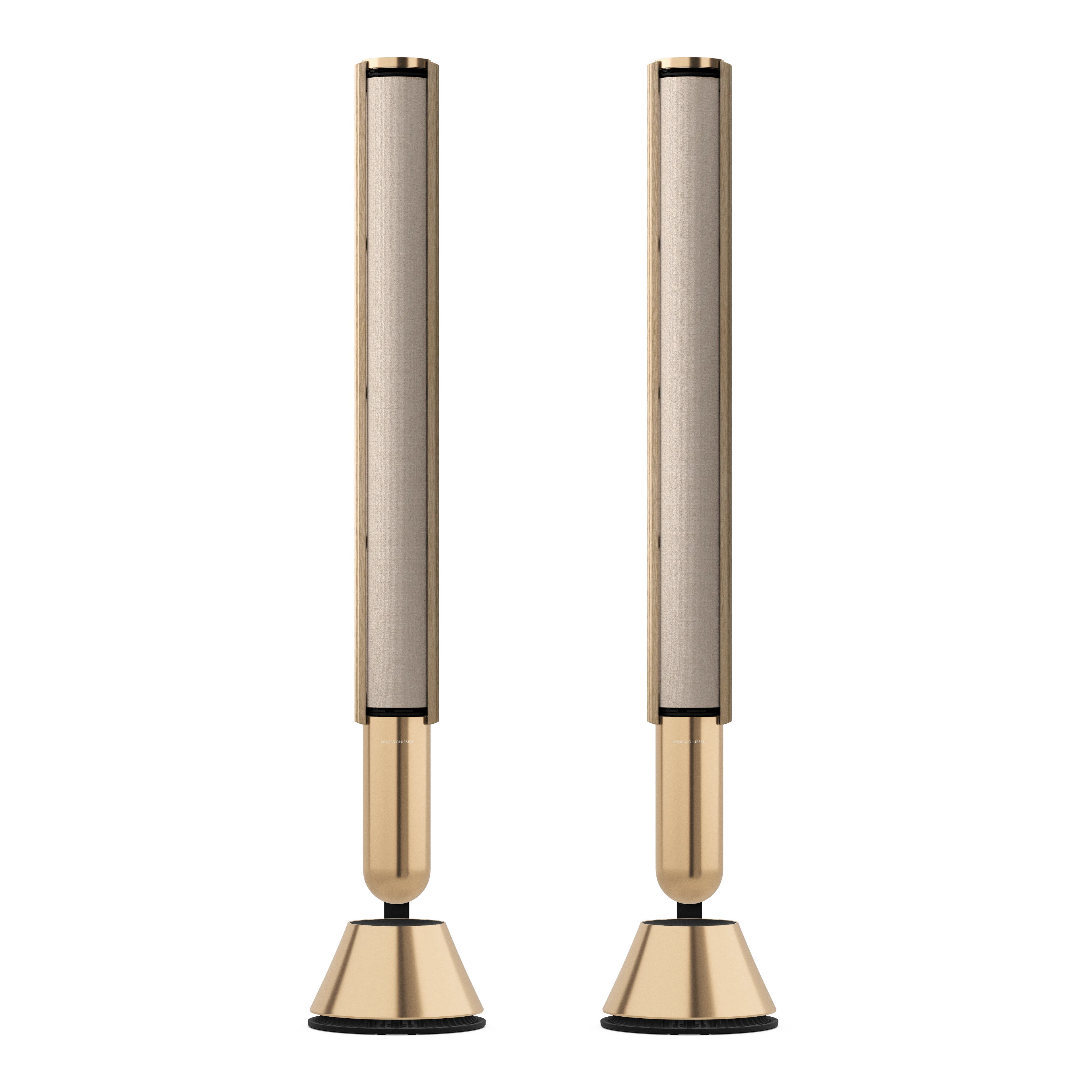 Bang & Olufsen, B&O Beolab 28 in Goldtone mit inner Covers in golden knit und Holzvorhngen in light oak