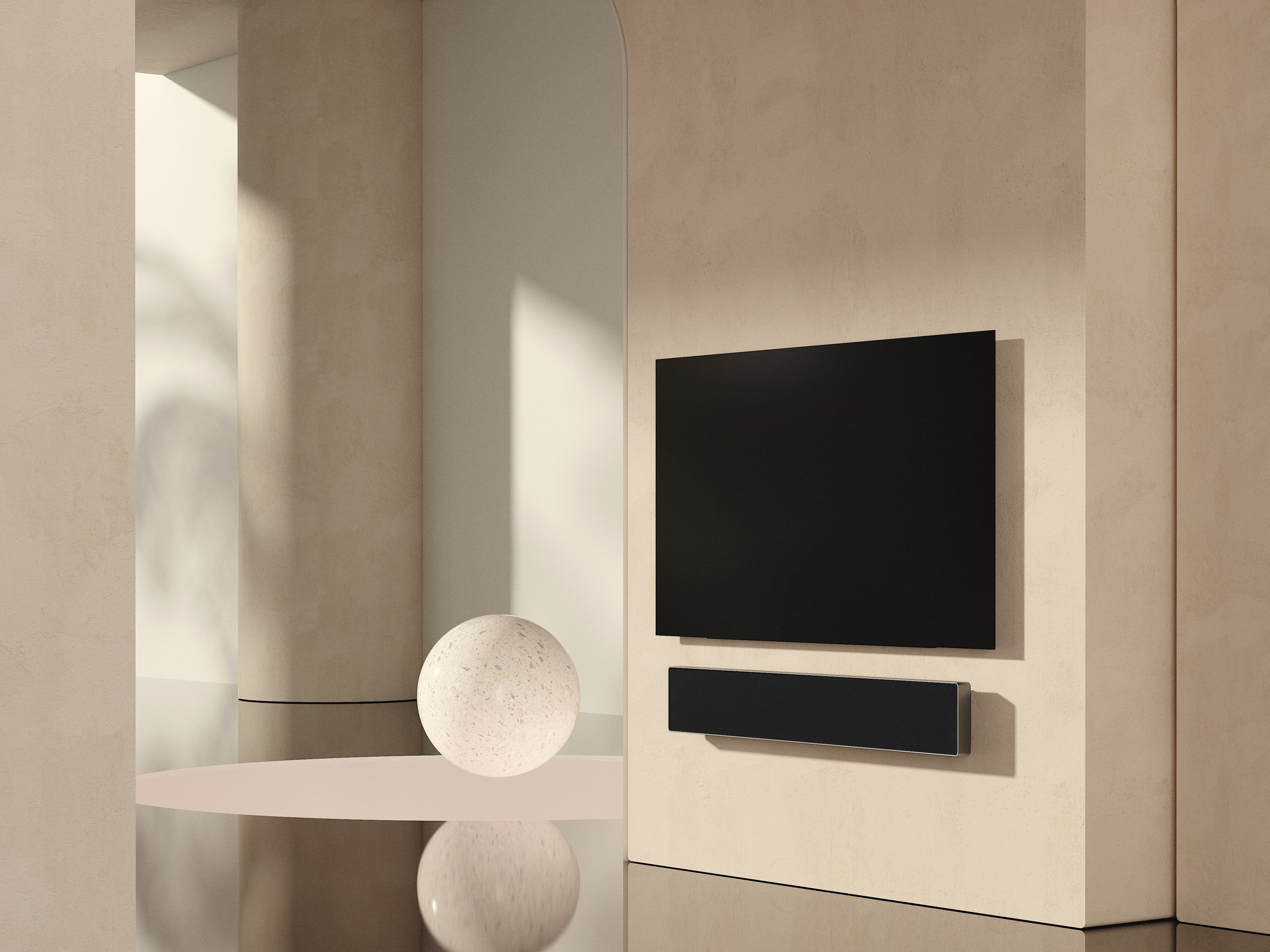 BeoSound Stage mit LG OLED TV in silber mit schwarzer Stoffabdeckung