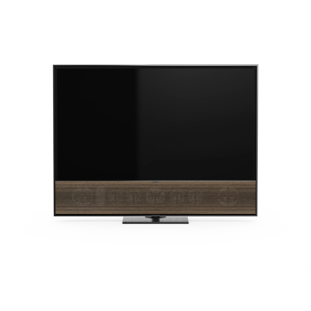 Bang & Olufsen, Beovisin Contour in black anthracite mti Cover in smoked oak auf Table stand