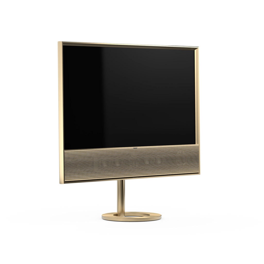 Bang & Olufsen, B&O, Beovision Contour Gold Tone mti Holzabdeckung in light oak auf Bodenstandfuß - Seitliche Ansicht vorn
