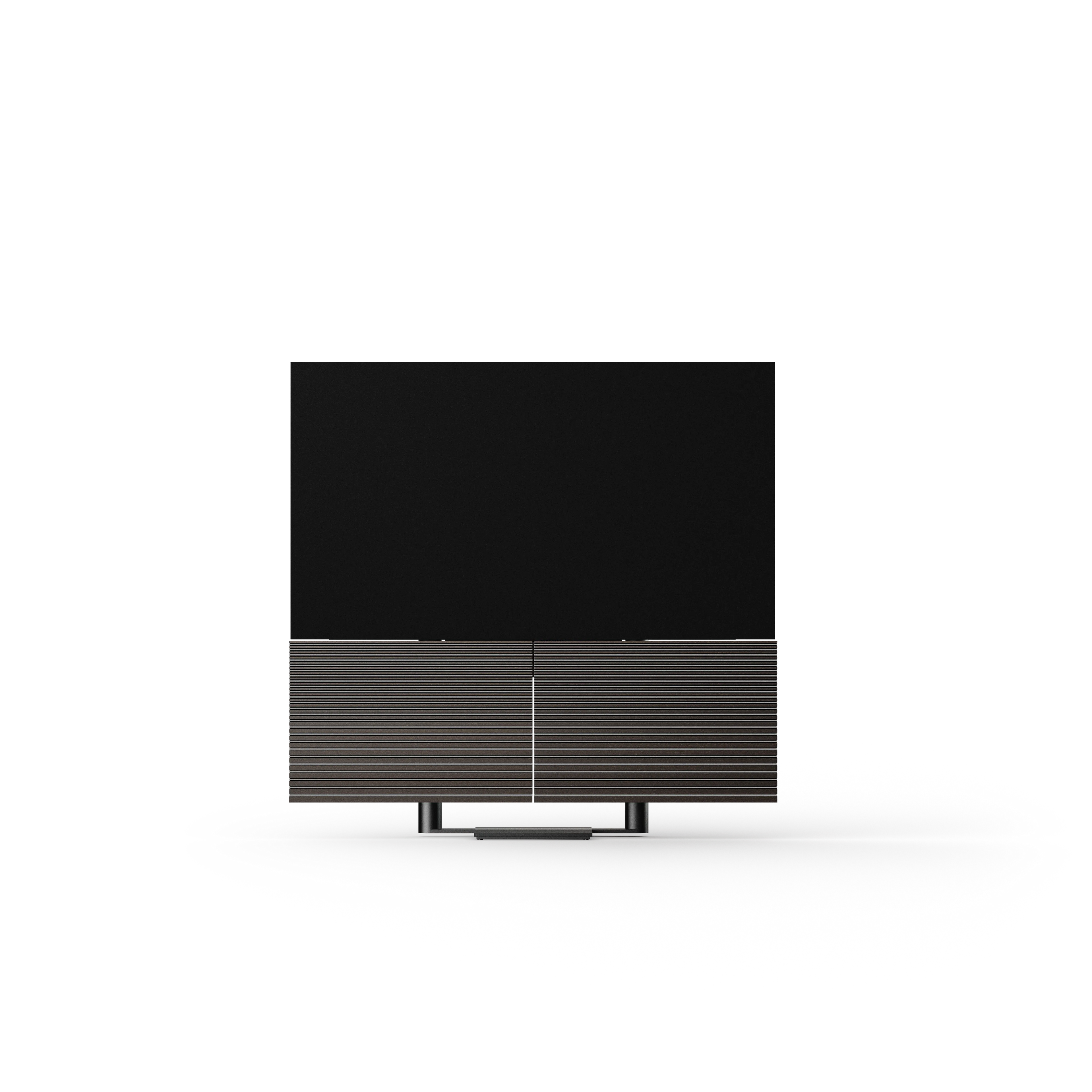 Bang & Olufsen, B&O, Beovision Harmony in Black Anthracite / Dark oak - frontale Ansicht, Soundcenter geöffnet, normaler Bodenstandfuß
