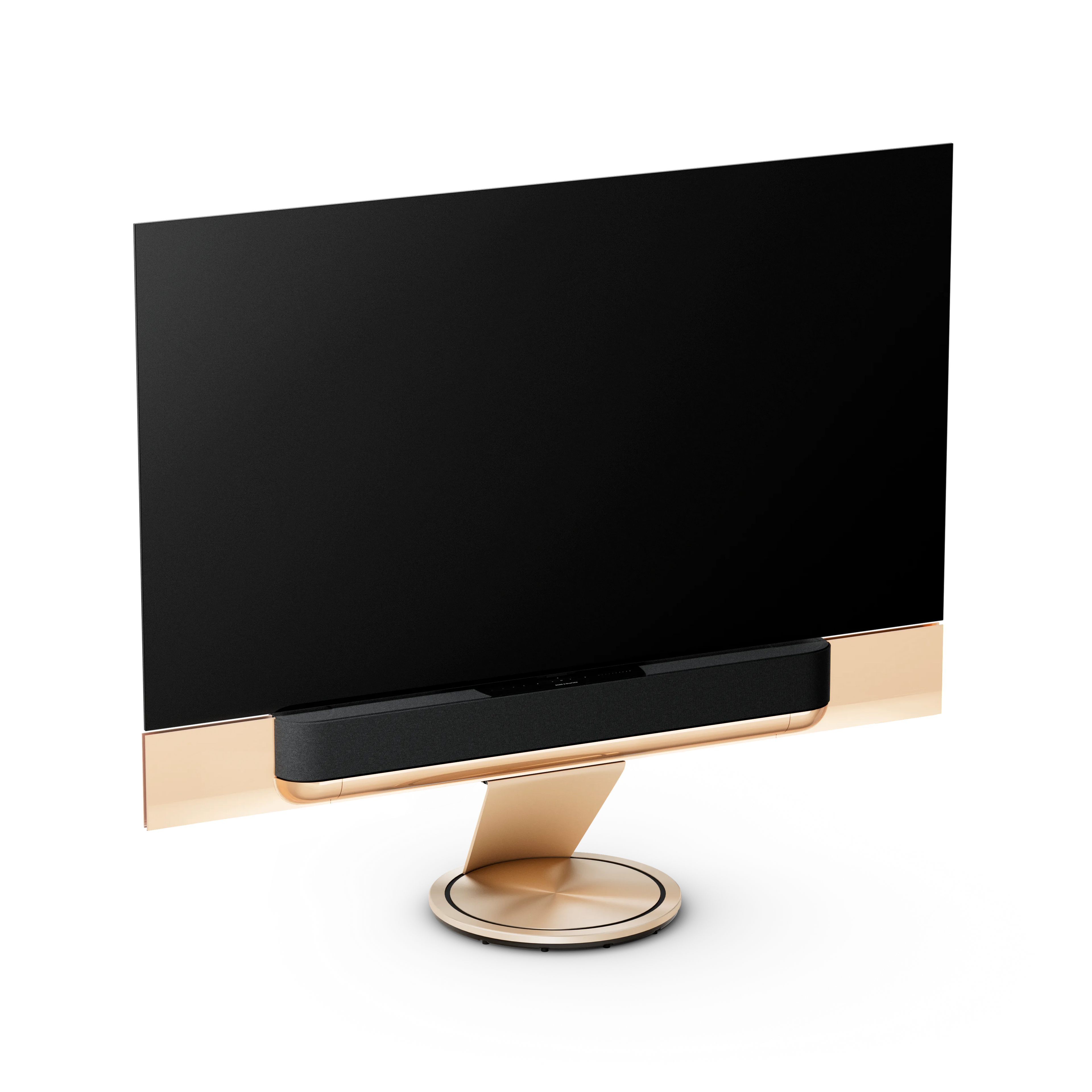 Bang & Olufsen, B&O, Beovision Theatre 77 Zoll in Gold Tone mit Stoffcover in Grey Melange auf Bodenstandfuß