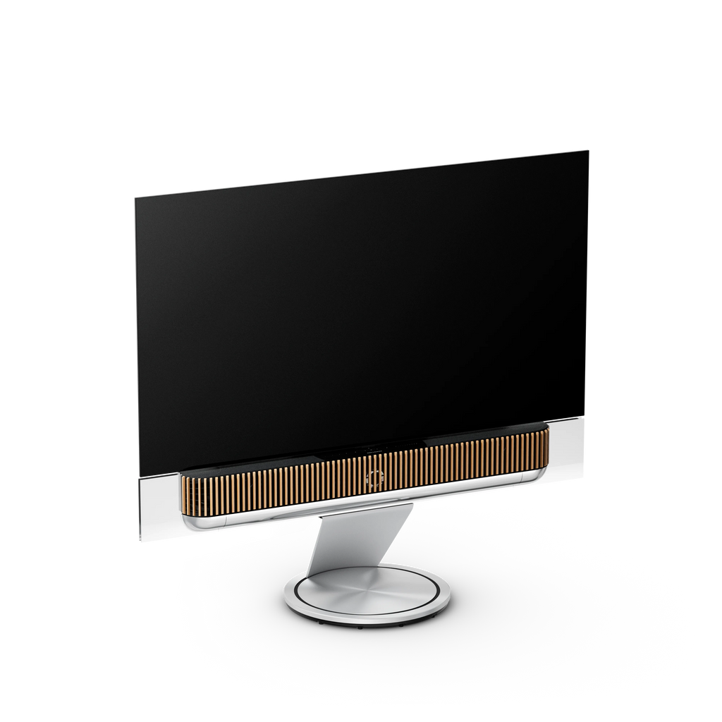 Bang & Olufsen, B&O, Beovision Theatre 65 Zoll in silber mit Holzcover aus Eichenholz auf Bodenstandfuß
