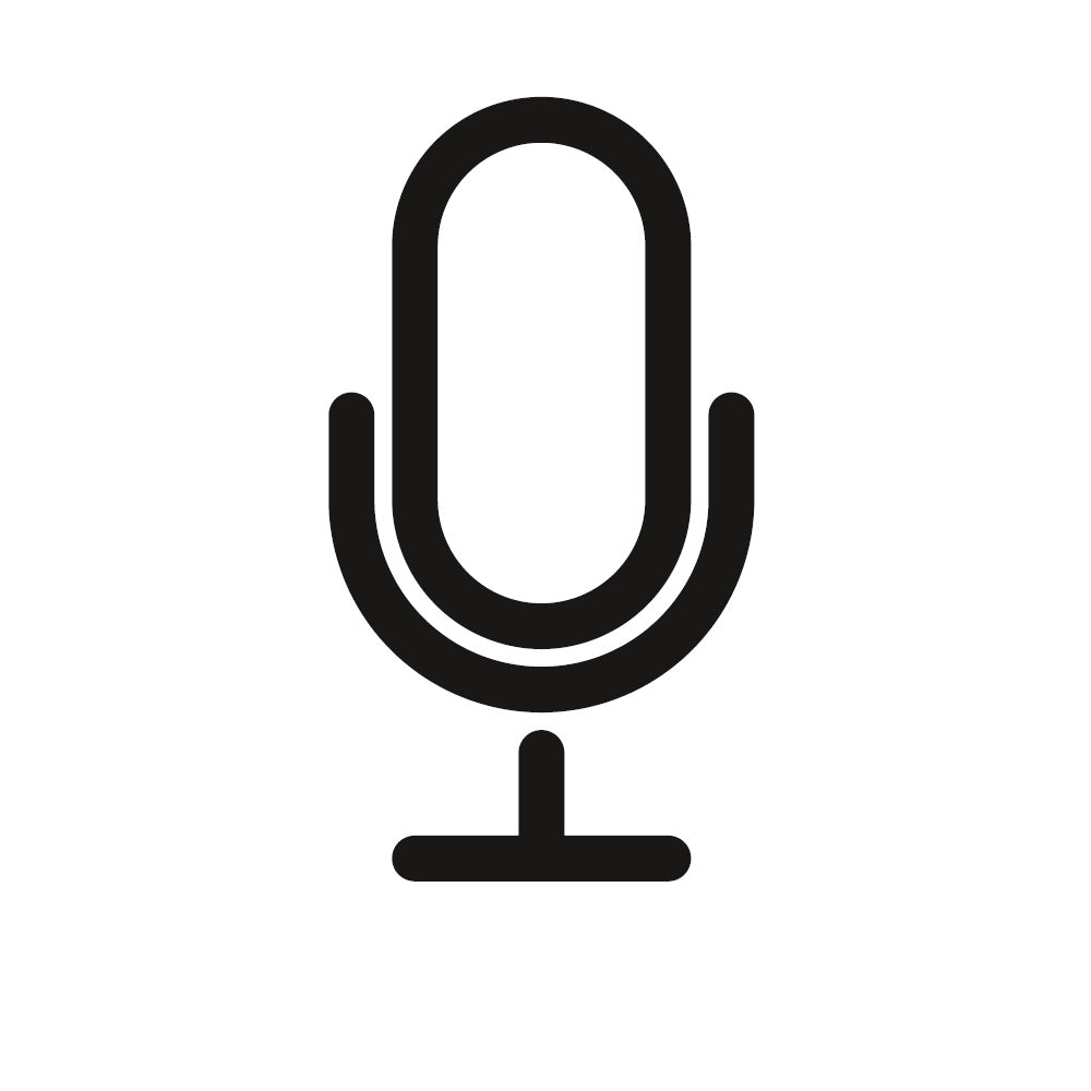 Minimalistisches Mikrofon-Icon in Schwarz auf weißem Hintergrund. Ein klares Linien-Symbol zur Kennzeichnung von Sprachsteuerung, Mikrofon-Funktionen oder Voice-Assistant-Kompatibilität.