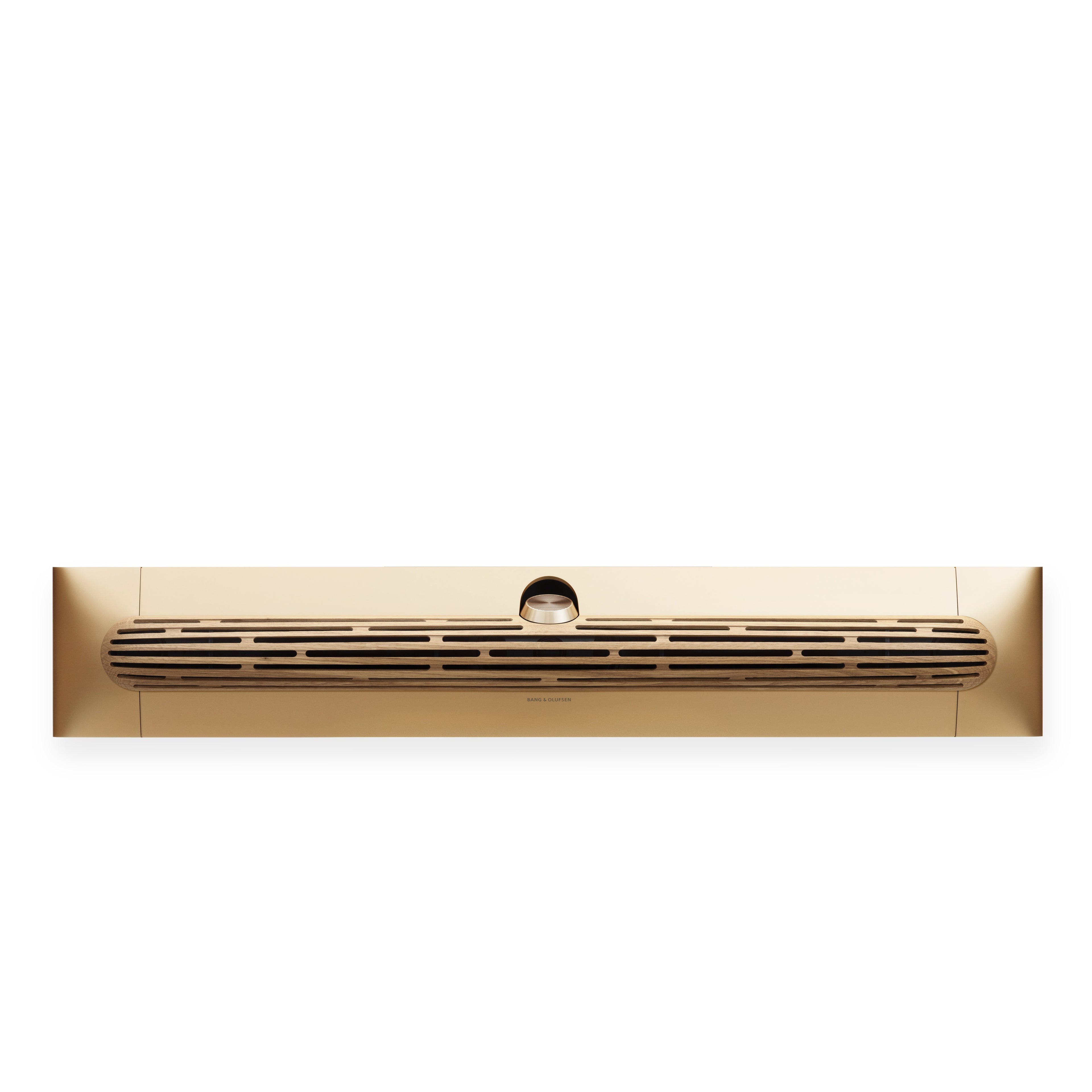 Bang & olufsen Beosound Premiere Soundbar in Gold Tone - Ansicht von vorn mit Cover aus Eichenholz