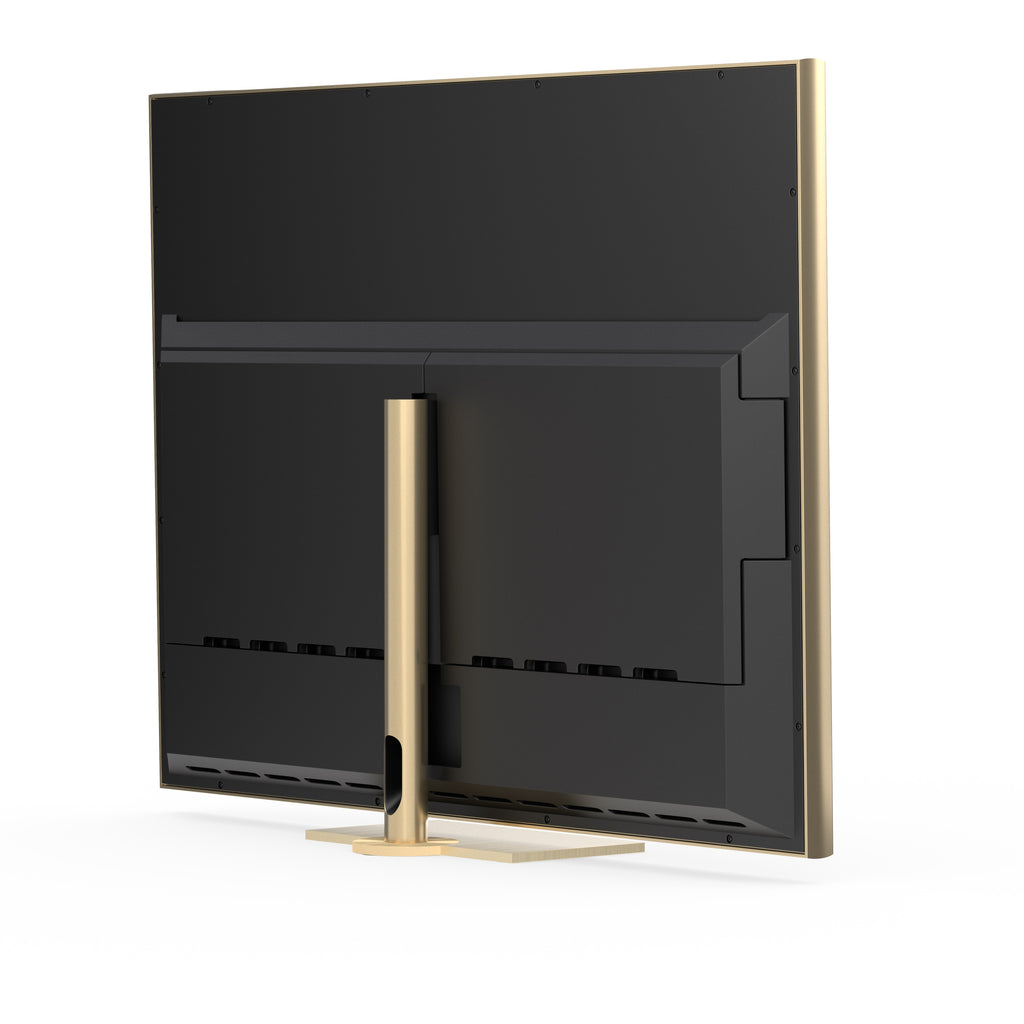B&O Beovision Contour 48 Zoll Gold Tone - auf Tischstandfuß mit light oak Cover - von seitlich hinten