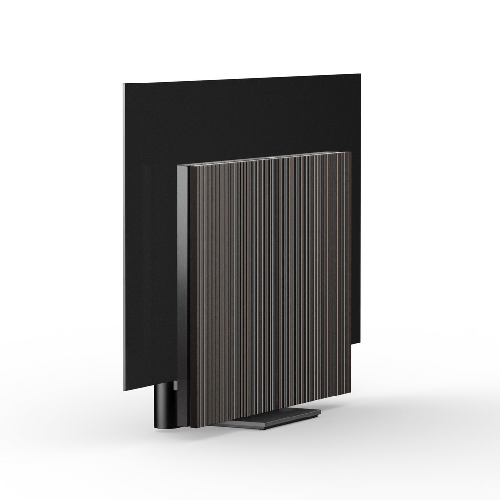 Beovision Harmony in Black anthracite mit Dark oak Cover auf Bodenstandfuß