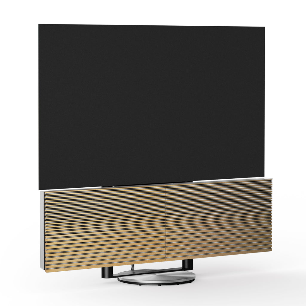 Beovision Harmony Silver mit Cover in Oak auf Motorbodenstandfuß seitlich vorn