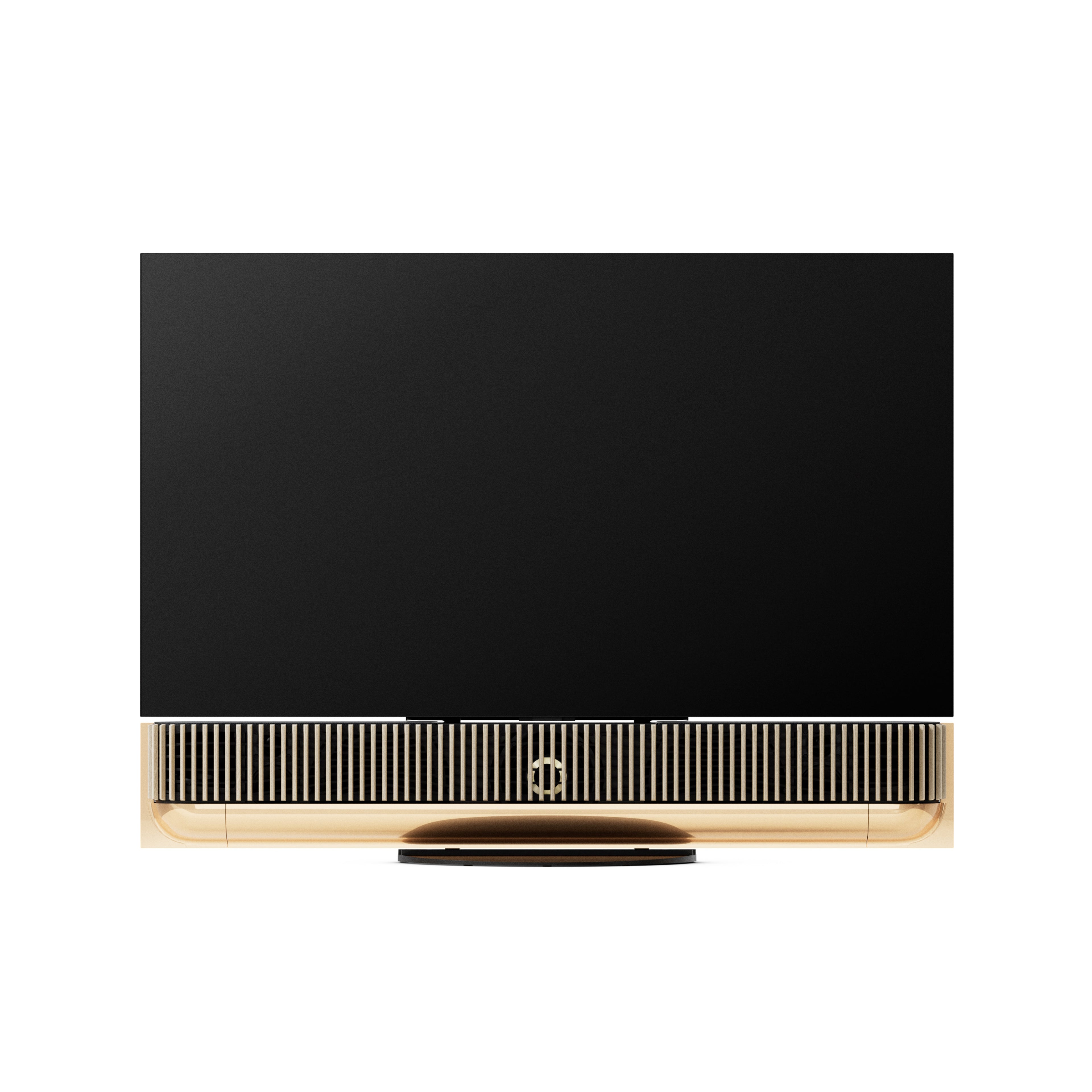 Bang & Olufsen Beovision Theatre 55 Zoll auf Tischstandfuß mit Holzcover in heller Eiche frontale Ansicht