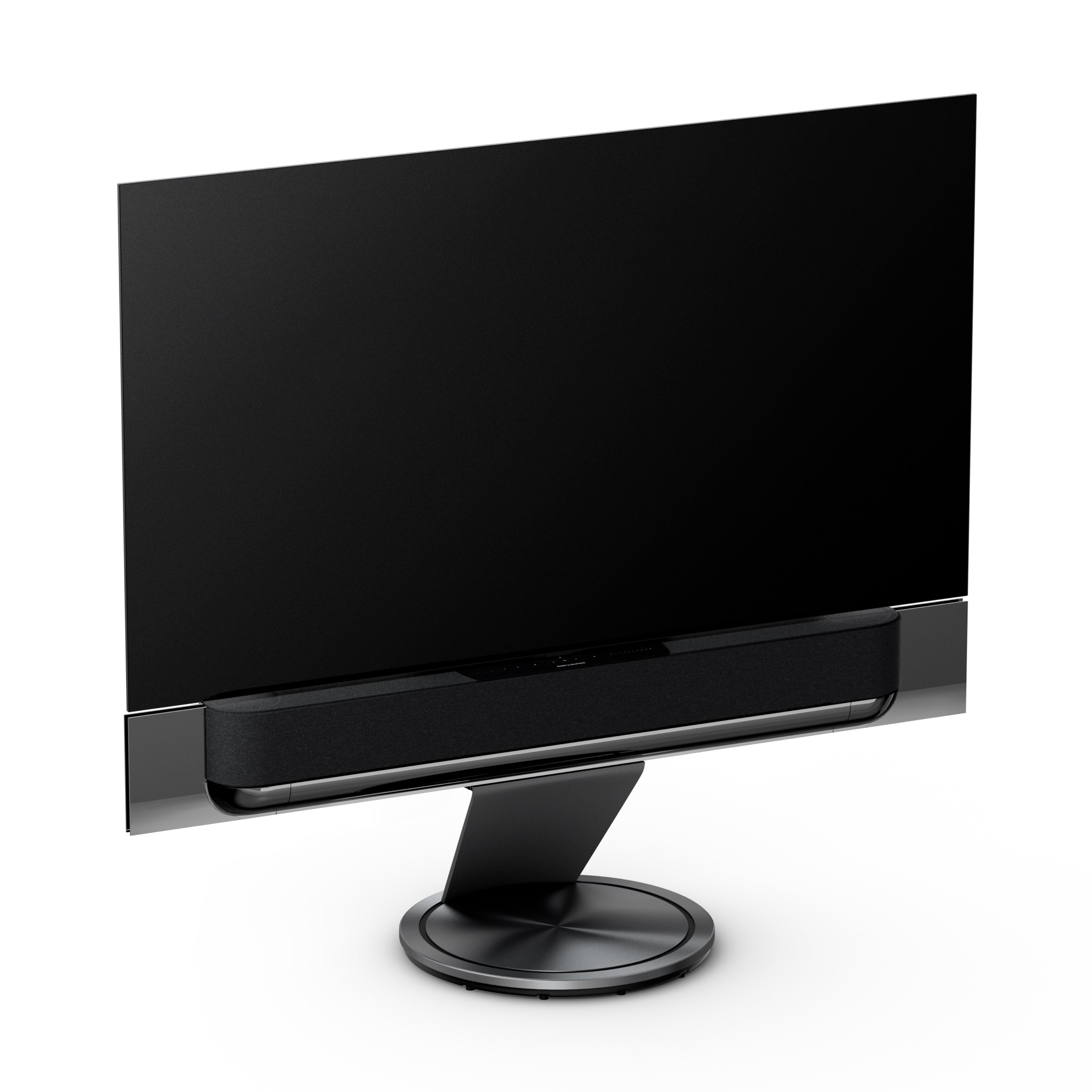 Bang & Olufsen Beovision Theatre 65 Zoll in black anthracite mit Cover in grey melange auf Bodenstandfuß