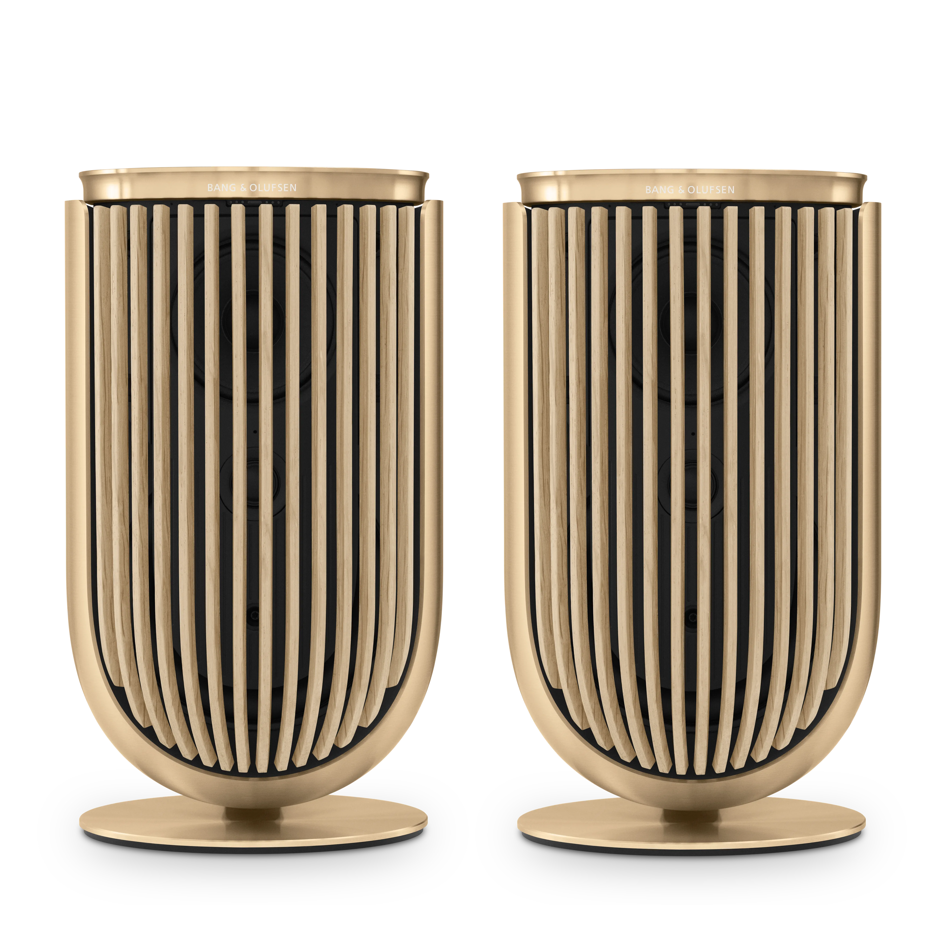 Bang & olufsen, B&O Beolab 8 Lautsprecher in gold Tone mit light oak Covern auf Tischstandfüßen