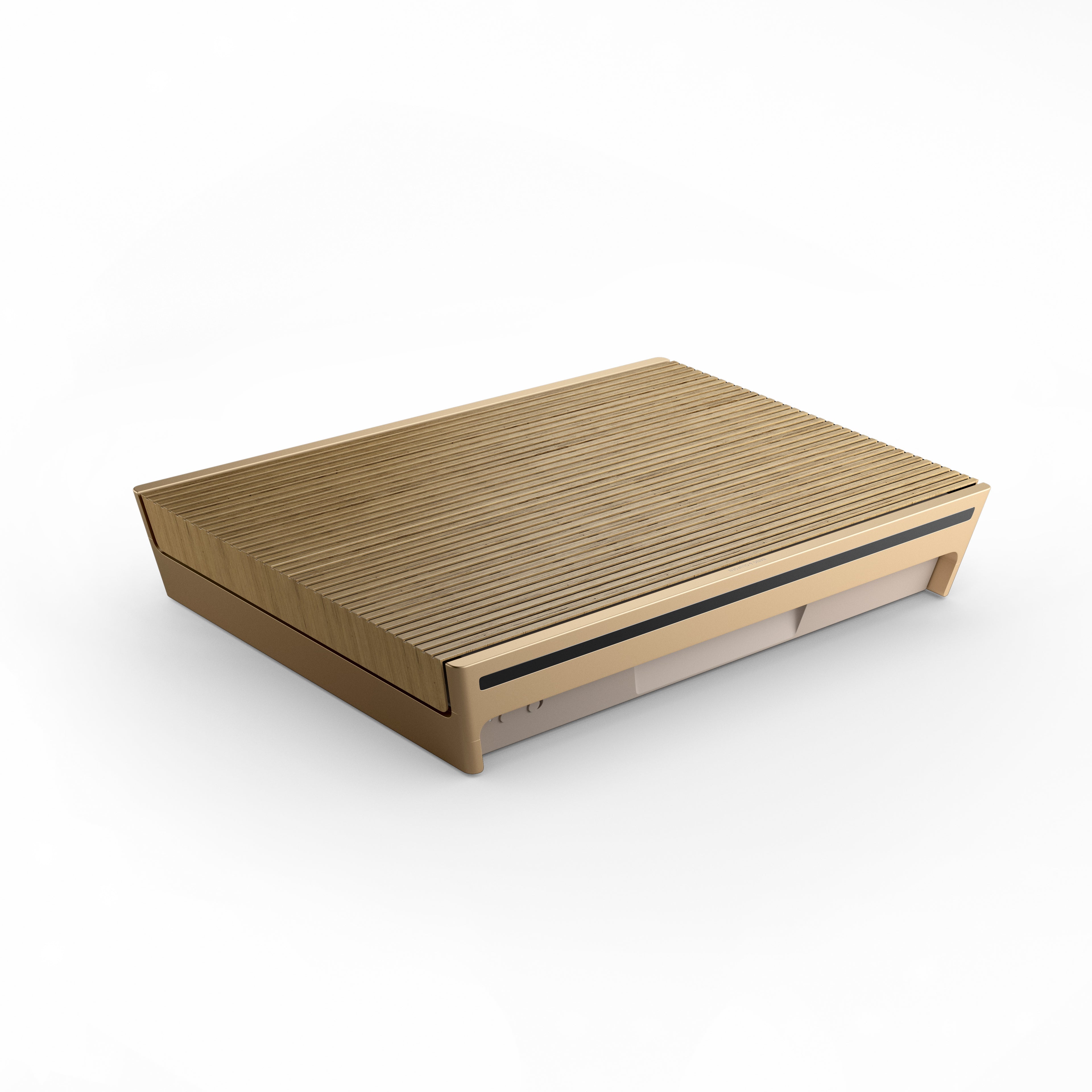 Bang & Olufsen Beosound Level in liegender Position. Das Design betont die hochwertige Oberfläche aus hellem Eichenholz und den flachen, mobilen Formfaktor des Luxus-Lautsprechers vor weißem Hintergrund.