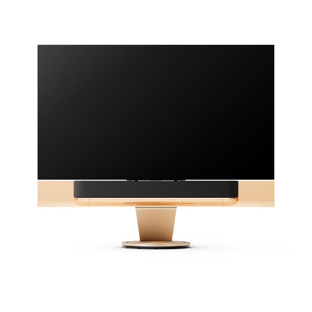 BeoSound Theatre in gold tone as TV in 77 inches  with fabric cover in grey melange on floor stand
