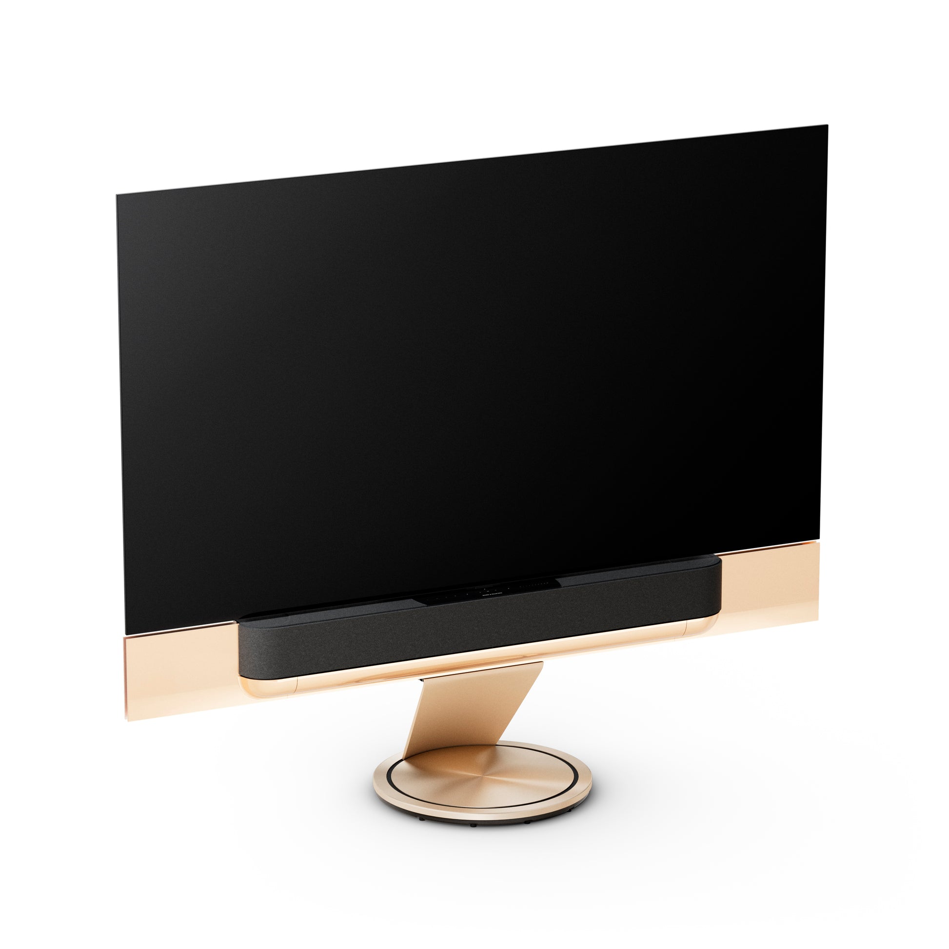 BeoSound Theatre in gold tone as TV in 77 inches  with fabric cover in grey melange on floor stand