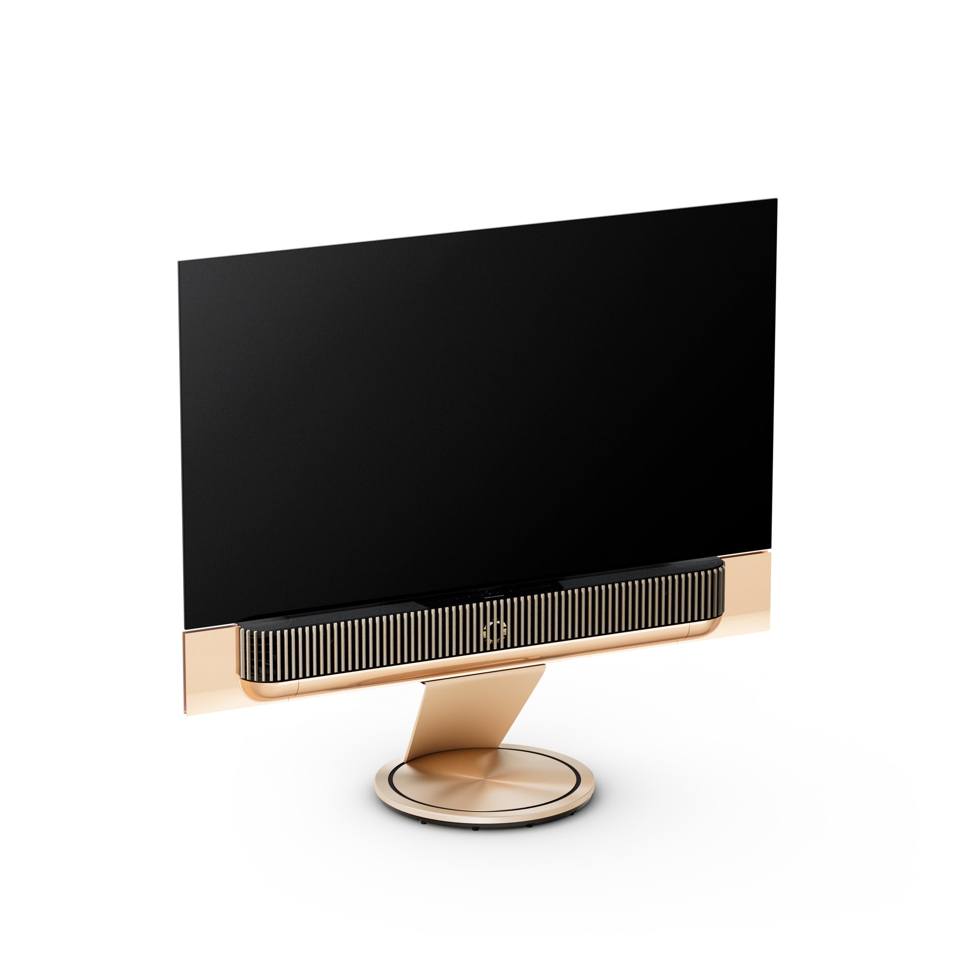 BeoSound Theatre in gold tone as TV in 65 inches  with cover in light oak on floor stand